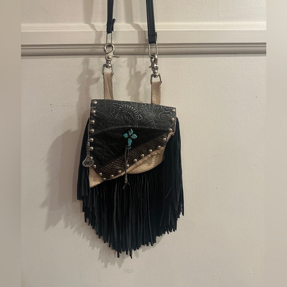 HB Black and Tan Fringe Bohemian leather artisan Crossbody Bag